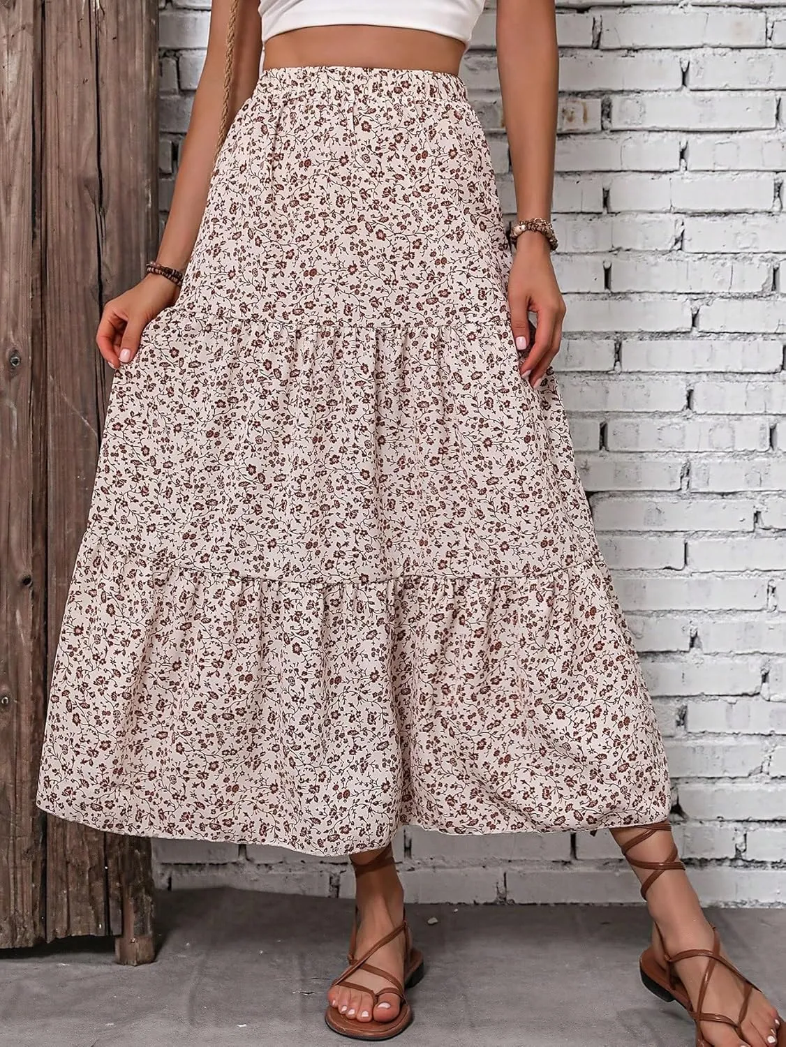 TIMEKE Women's Long Skirt Floral Print Hem Skirt Regular Fit High Waist Midi Skirt