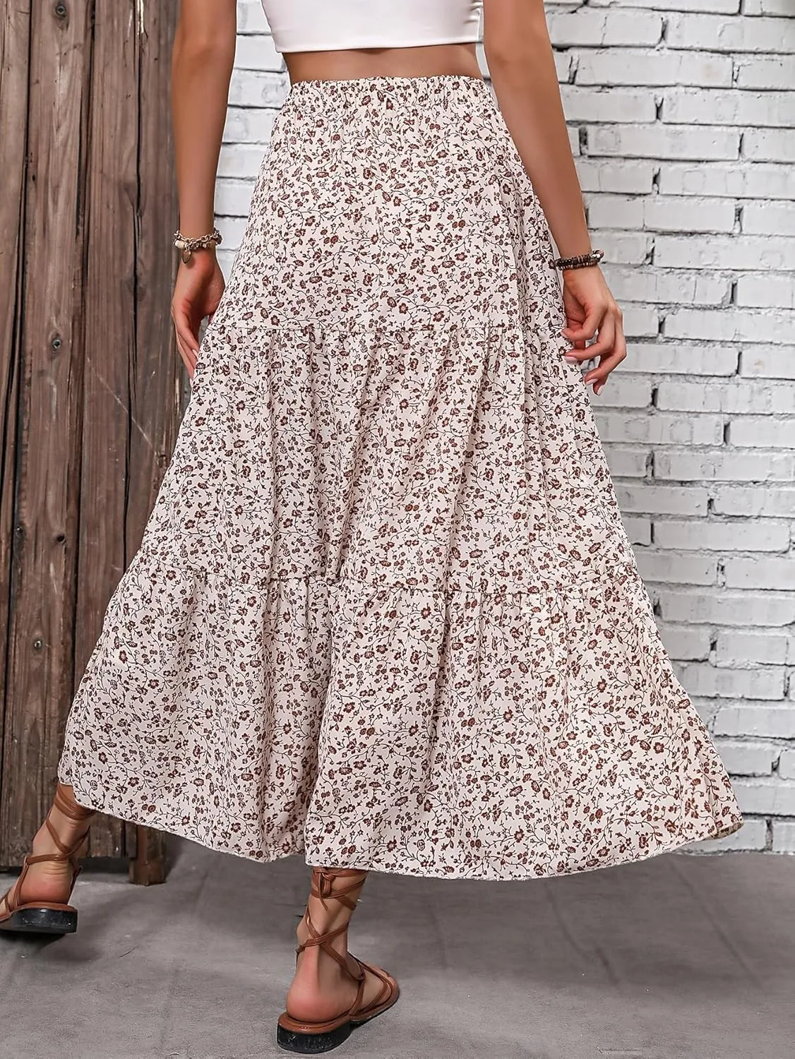 TIMEKE Women's Long Skirt Floral Print Hem Skirt Regular Fit High Waist Midi Skirt