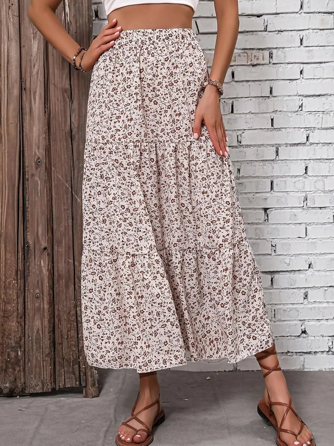 TIMEKE Women's Long Skirt Floral Print Hem Skirt Regular Fit High Waist Midi Skirt