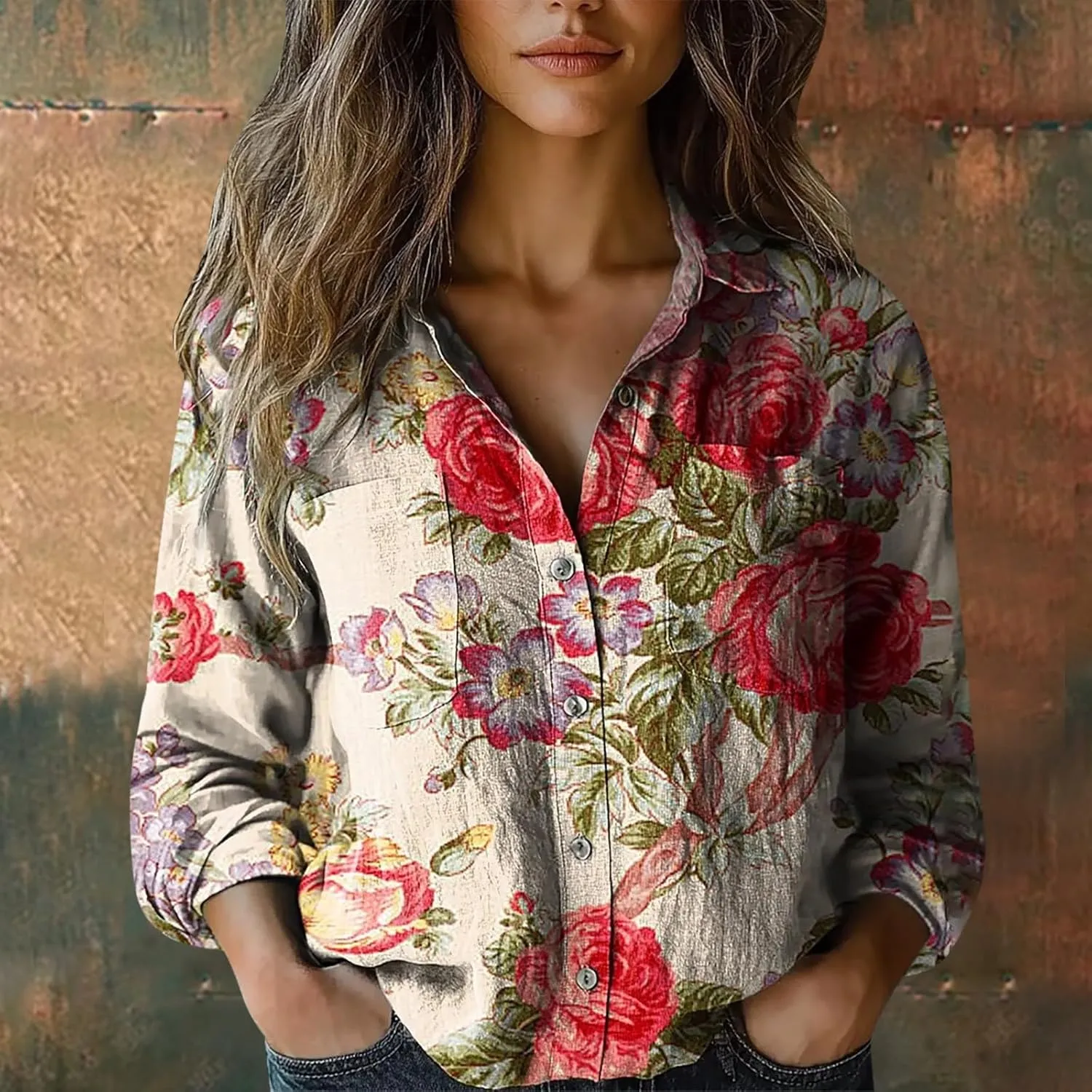 Tops for Women Trendy Summer 2025 Floral Print Color Block T-Shirts Long Sleeve V Neck Blouses Slim Tunic Outfits