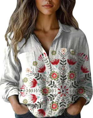 Tops for Women Trendy Summer 2025 Floral Print Color Block T-Shirts Long Sleeve V Neck Blouses Slim Tunic Outfits