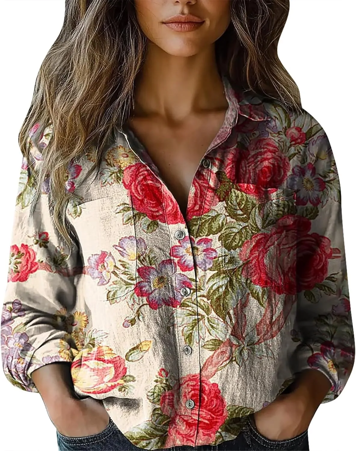 Tops for Women Trendy Summer 2025 Floral Print Color Block T-Shirts Long Sleeve V Neck Blouses Slim Tunic Outfits