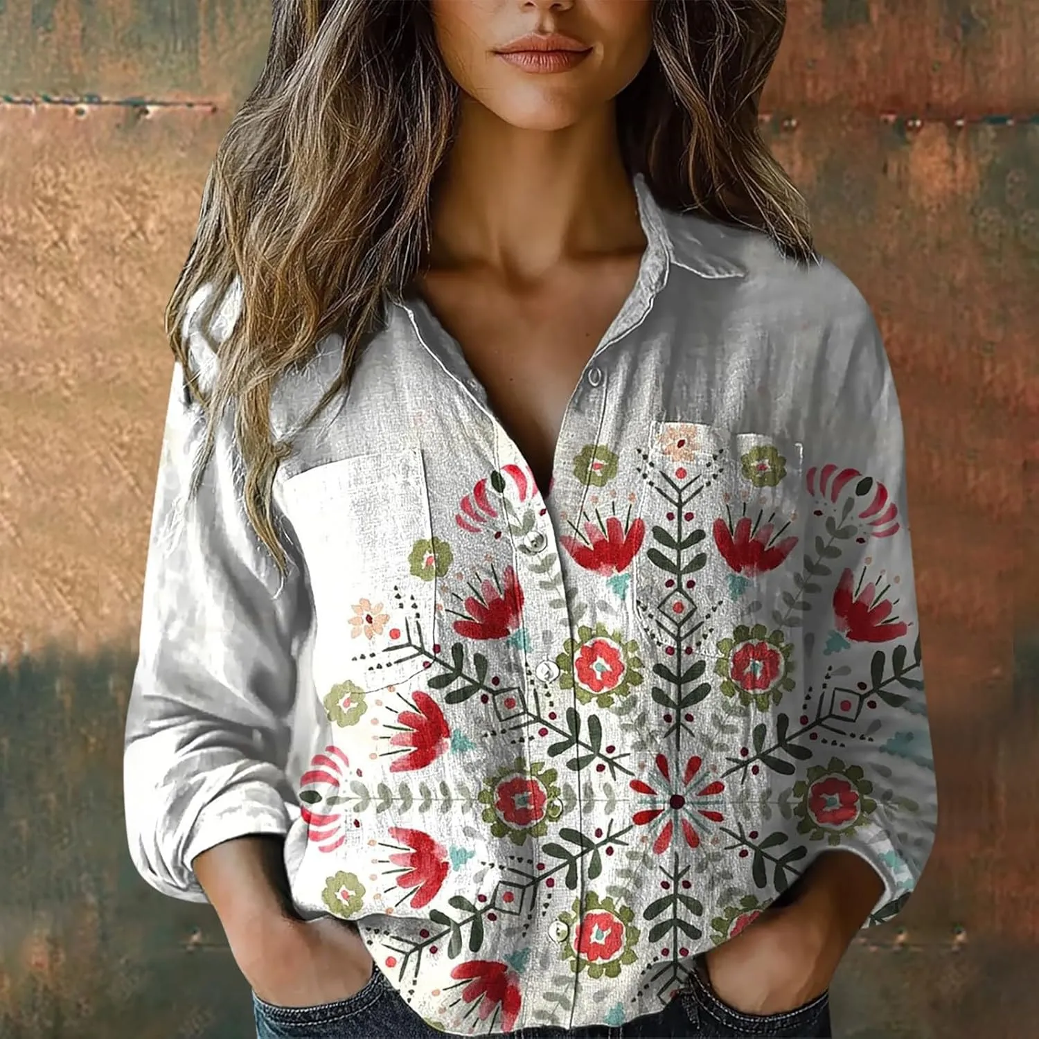 Tops for Women Trendy Summer 2025 Floral Print Color Block T-Shirts Long Sleeve V Neck Blouses Slim Tunic Outfits