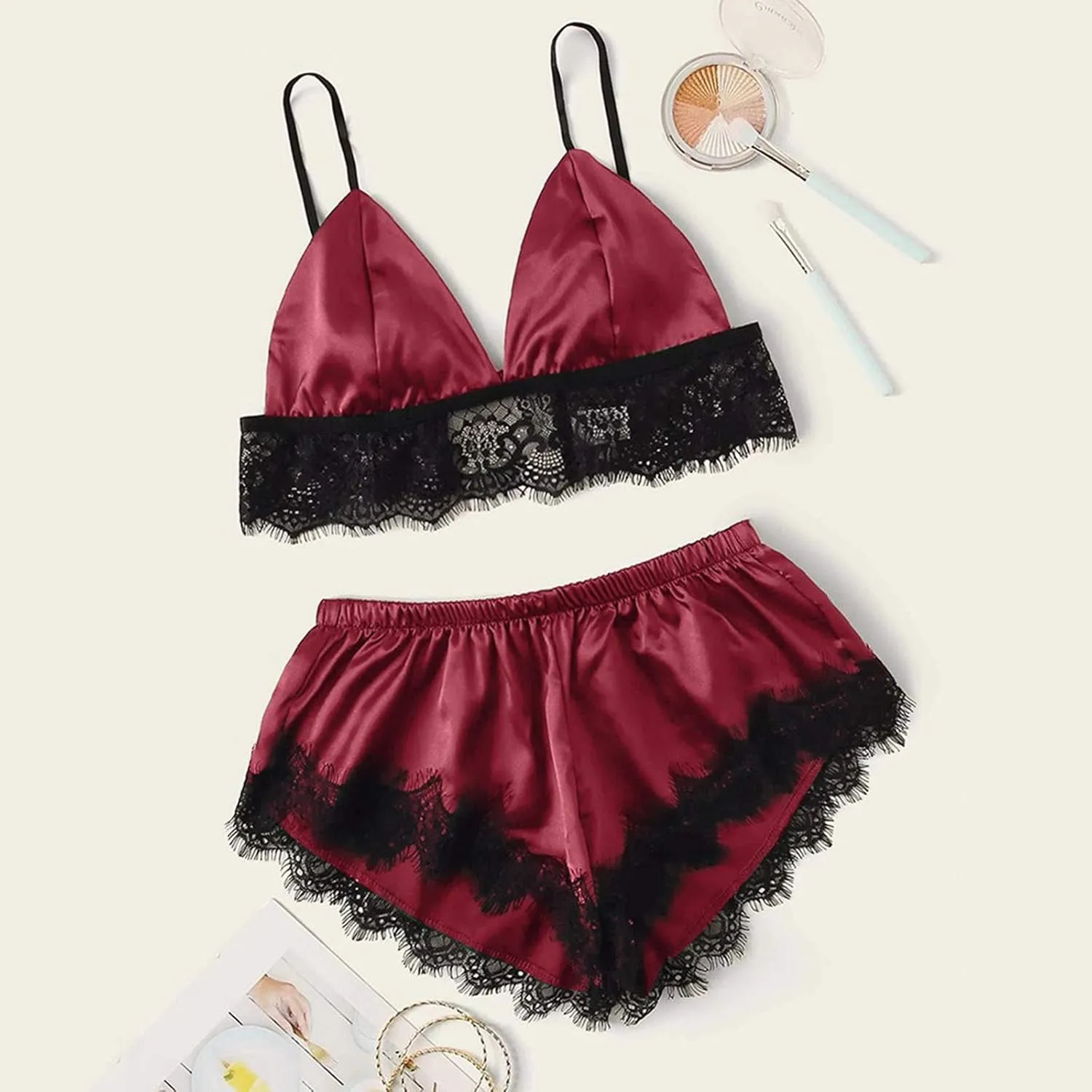 Traje Pijama femenino 2 Peice ropa Interior tirantes Encaje ropa Interior envuelta pecho tres Puntos pjs conjunto