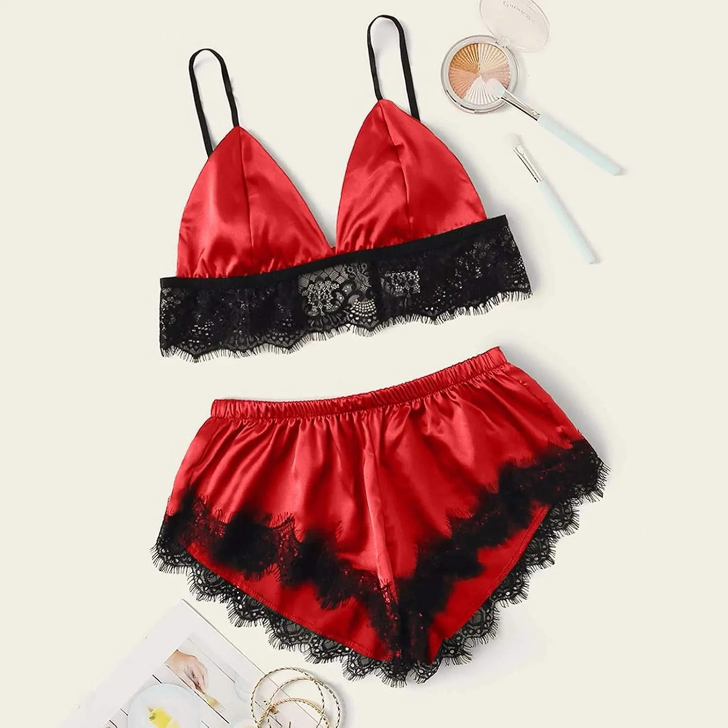 Traje Pijama femenino 2 Peice ropa Interior tirantes Encaje ropa Interior envuelta pecho tres Puntos pjs conjunto