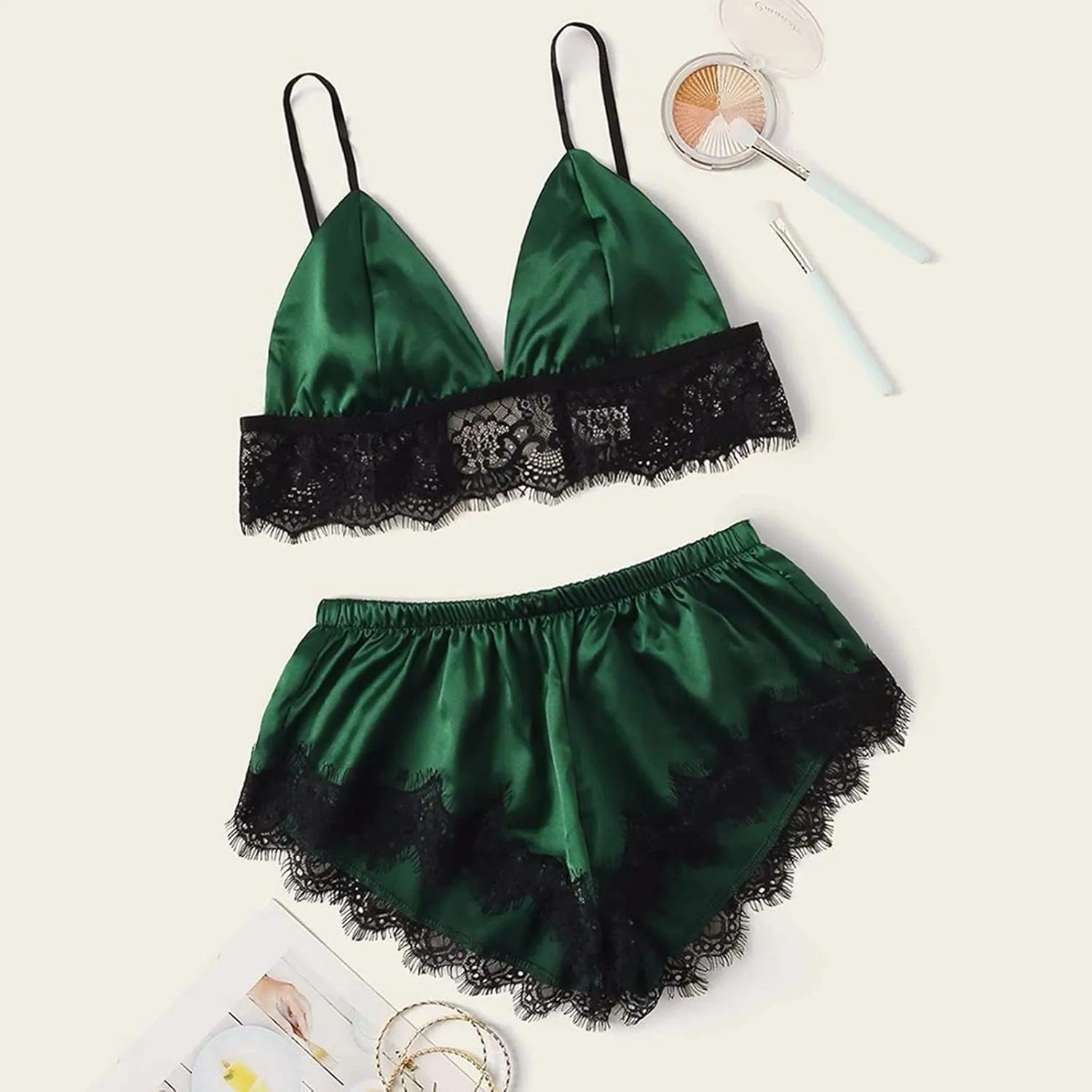 Traje Pijama femenino 2 Peice ropa Interior tirantes Encaje ropa Interior envuelta pecho tres Puntos pjs conjunto