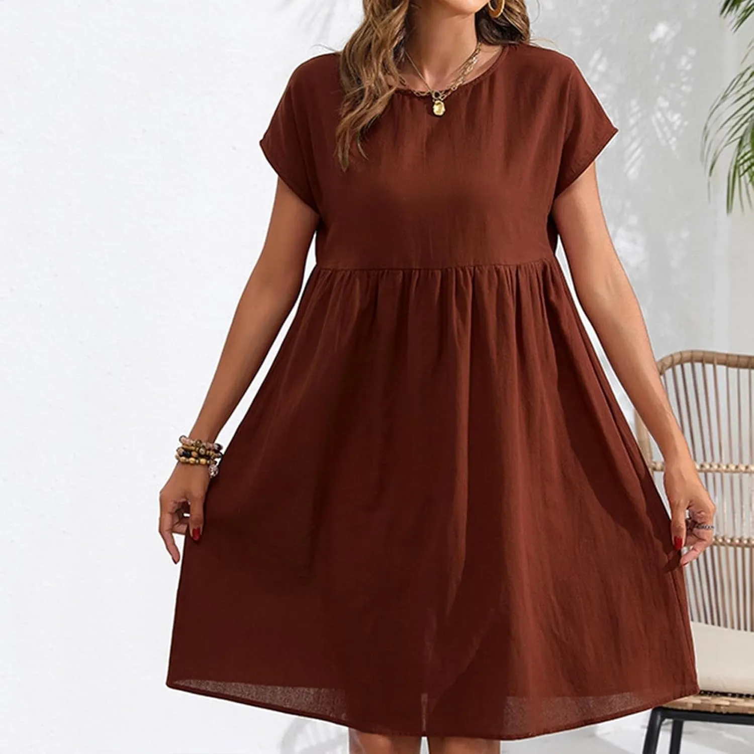 Tshirt Dress Women Casual Summer Short Dresses Cotton Linen Midi Dress Plus Size A Line Flowy Sundress Short Sleeve