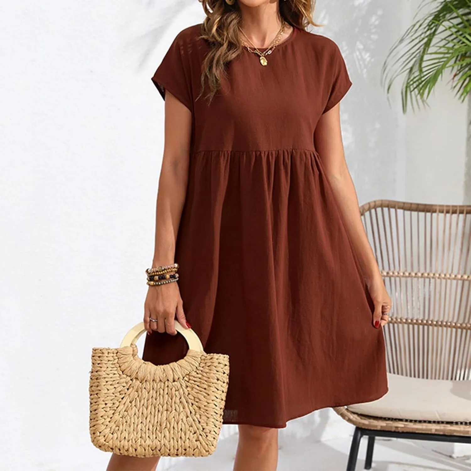 Tshirt Dress Women Casual Summer Short Dresses Cotton Linen Midi Dress Plus Size A Line Flowy Sundress Short Sleeve