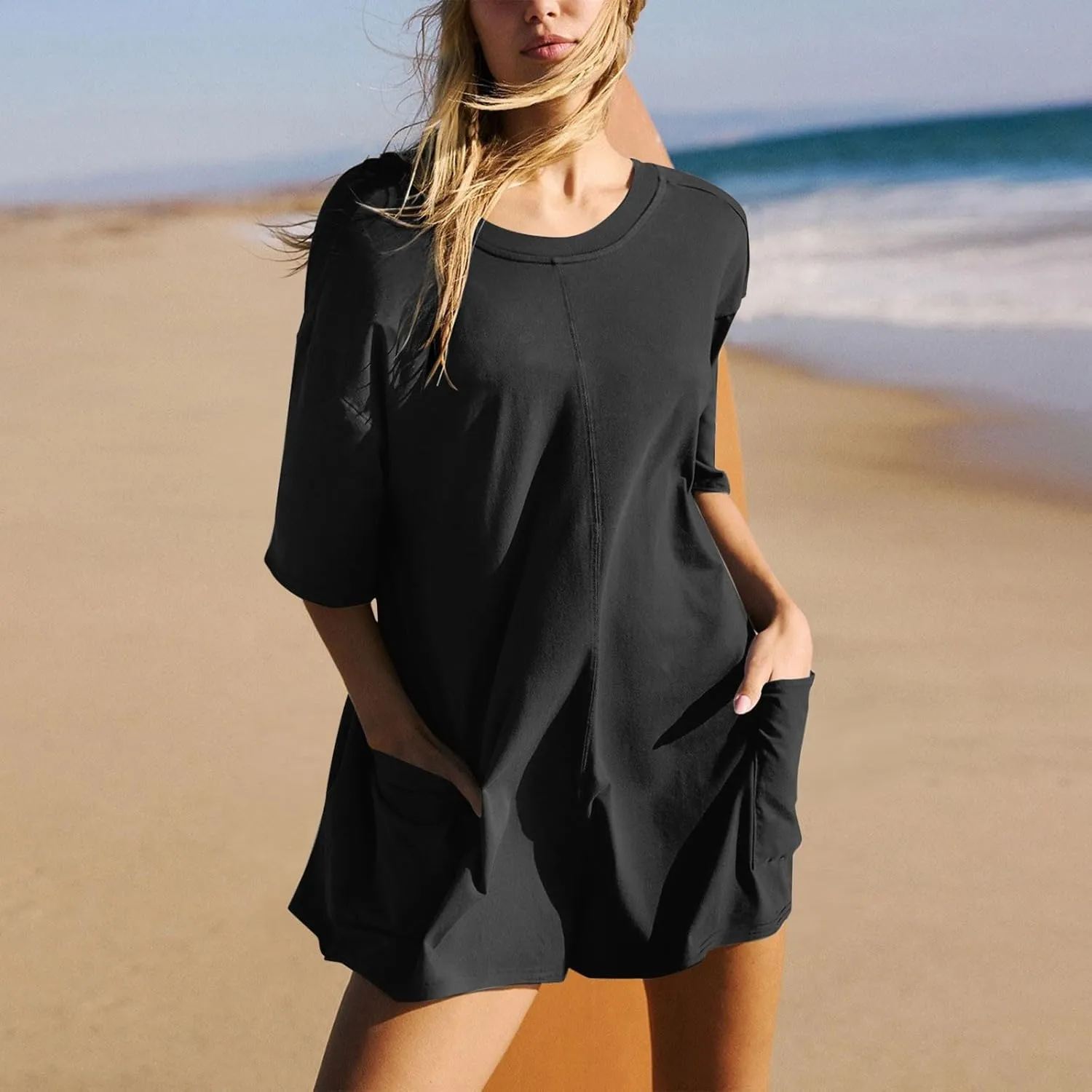 Tshirt Rompers For Women 2025 Summer Casaul Short Sleeve Athletic Workout Reversible Hot Shot Tee Romper With Pocket