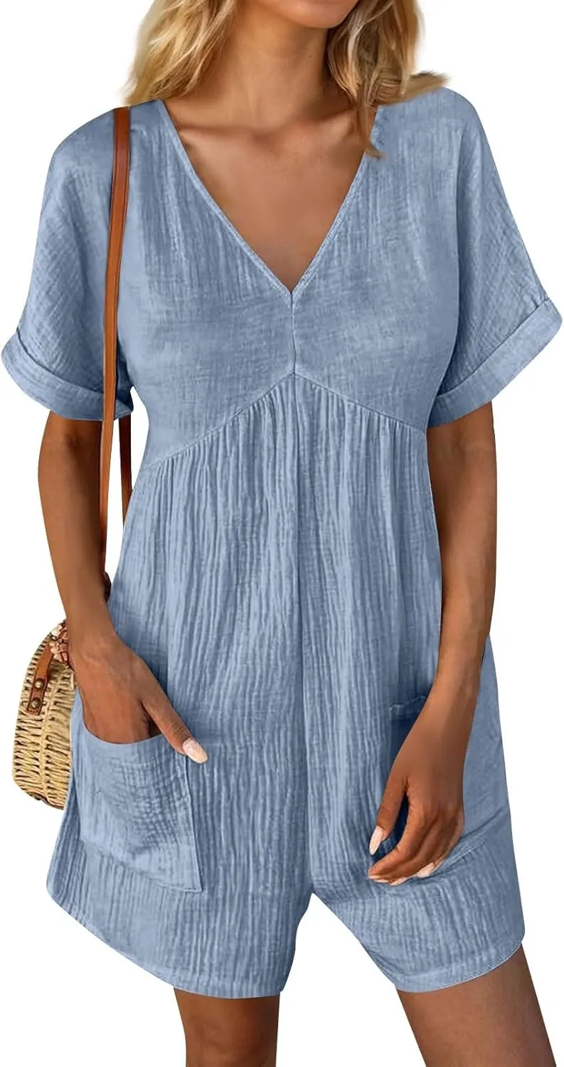 Tshirt Rompers for Women Baggy Short Sleeve Romper Onesie Jumpers Comfy Linen Beach Travel Vacation Shorts Jumpsuit