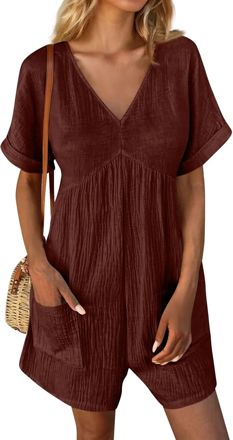 Tshirt Rompers for Women Baggy Short Sleeve Romper Onesie Jumpers Comfy Linen Beach Travel Vacation Shorts Jumpsuit