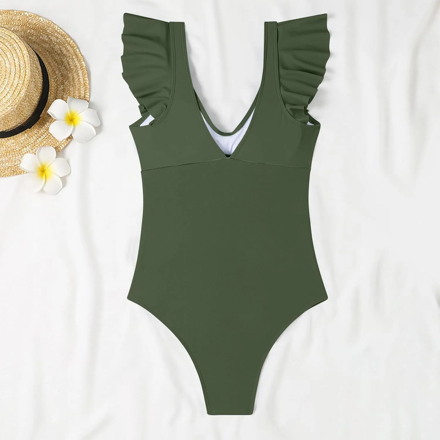 Uillui Women's Ruffle One Piece Swimsuit Front Twist V Neck Tummy Control Bathing Suits High Cut Cutout Backless Swimwear