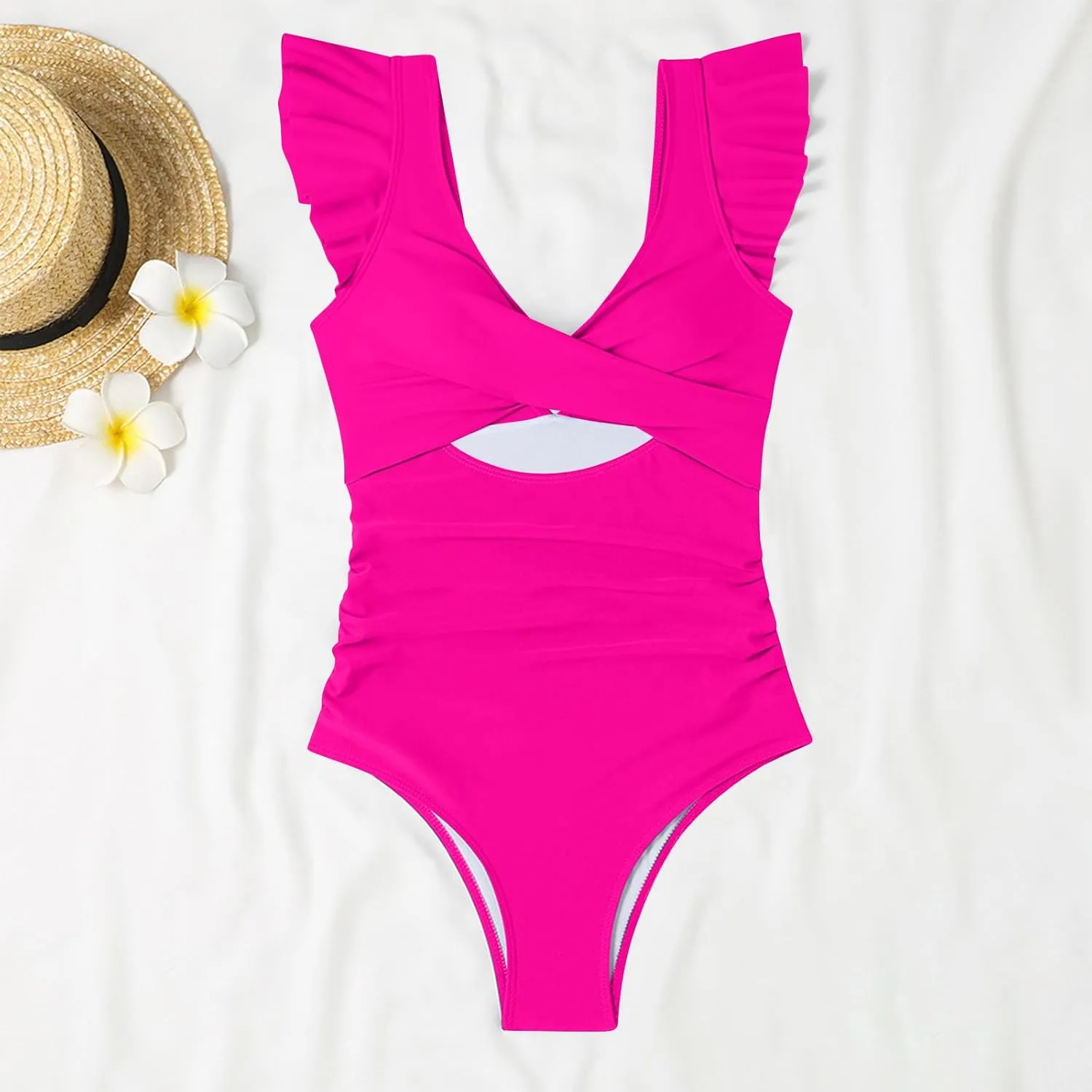 Uillui Women's Ruffle One Piece Swimsuit Front Twist V Neck Tummy Control Bathing Suits High Cut Cutout Backless Swimwear