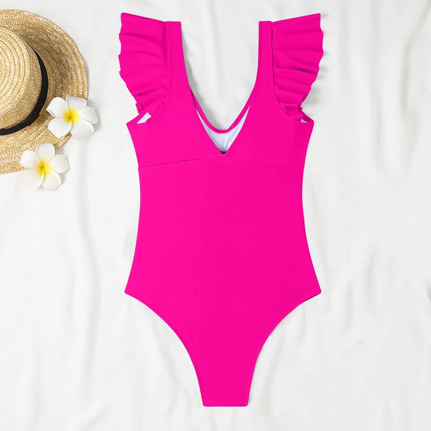 Uillui Women's Ruffle One Piece Swimsuit Front Twist V Neck Tummy Control Bathing Suits High Cut Cutout Backless Swimwear