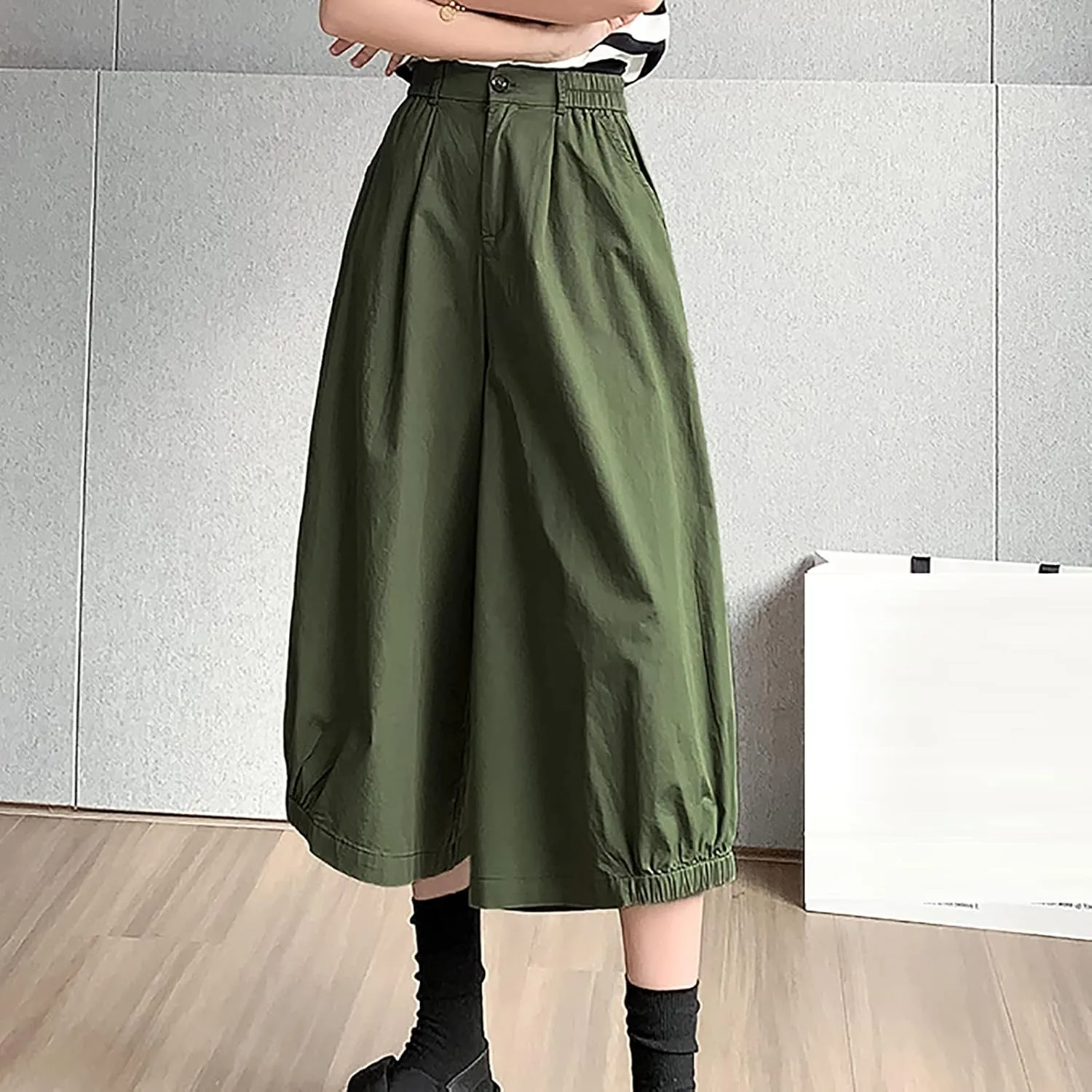 Uillui Women's Wide Leg Capri Palazzo Pants High Waist Loose Fit Casual Crop Flowy Pants Cute Summer Skirt Pants Culottes