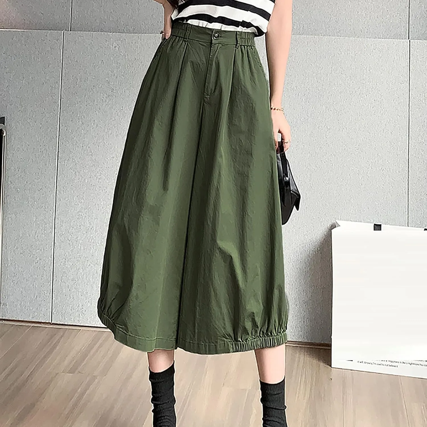 Uillui Women's Wide Leg Capri Palazzo Pants High Waist Loose Fit Casual Crop Flowy Pants Cute Summer Skirt Pants Culottes