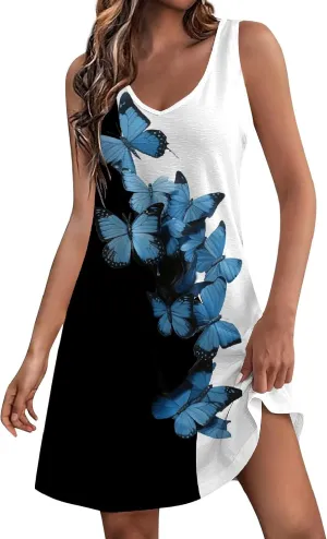 V Neck Dress Ladies Fashion Sleeveless Summer Floral Printed Trendy with Pockets Women's Sundress Beach BohoFor Women