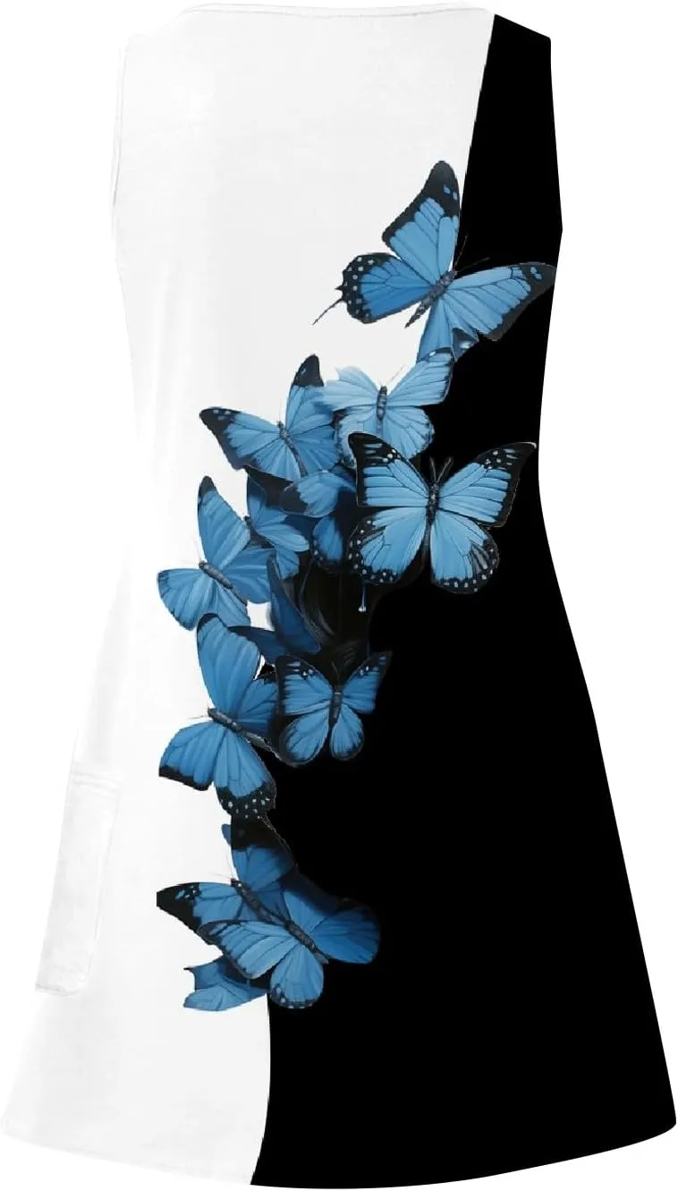 V Neck Dress Ladies Fashion Sleeveless Summer Floral Printed Trendy with Pockets Women's Sundress Beach BohoFor Women