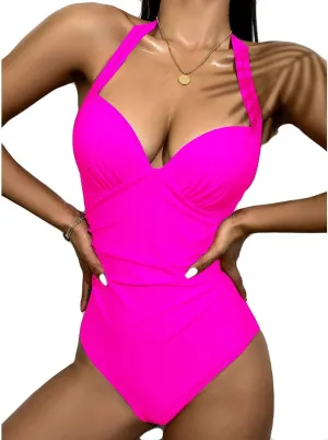 V Neck One Piece Swimsuit for Women Tie Halter Backless Tummy Control Bathing Suit Solid Color Sexy Monokini Swimwear