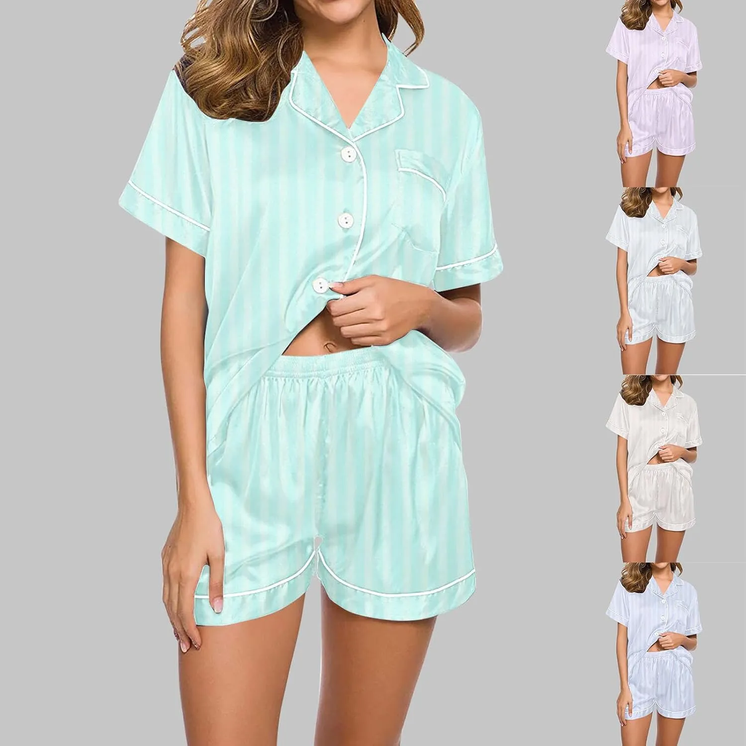 Vertical Stripes Pajamas for Women Summer Lapel Button Down Short Sleeve Sleepwear Pjs Shorts 2Pcs Loungewear Set