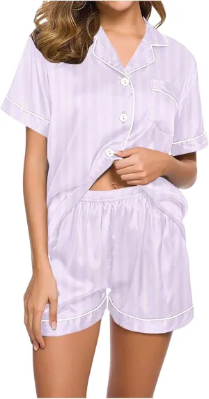 Vertical Stripes Pajamas for Women Summer Lapel Button Down Short Sleeve Sleepwear Pjs Shorts 2Pcs Loungewear Set