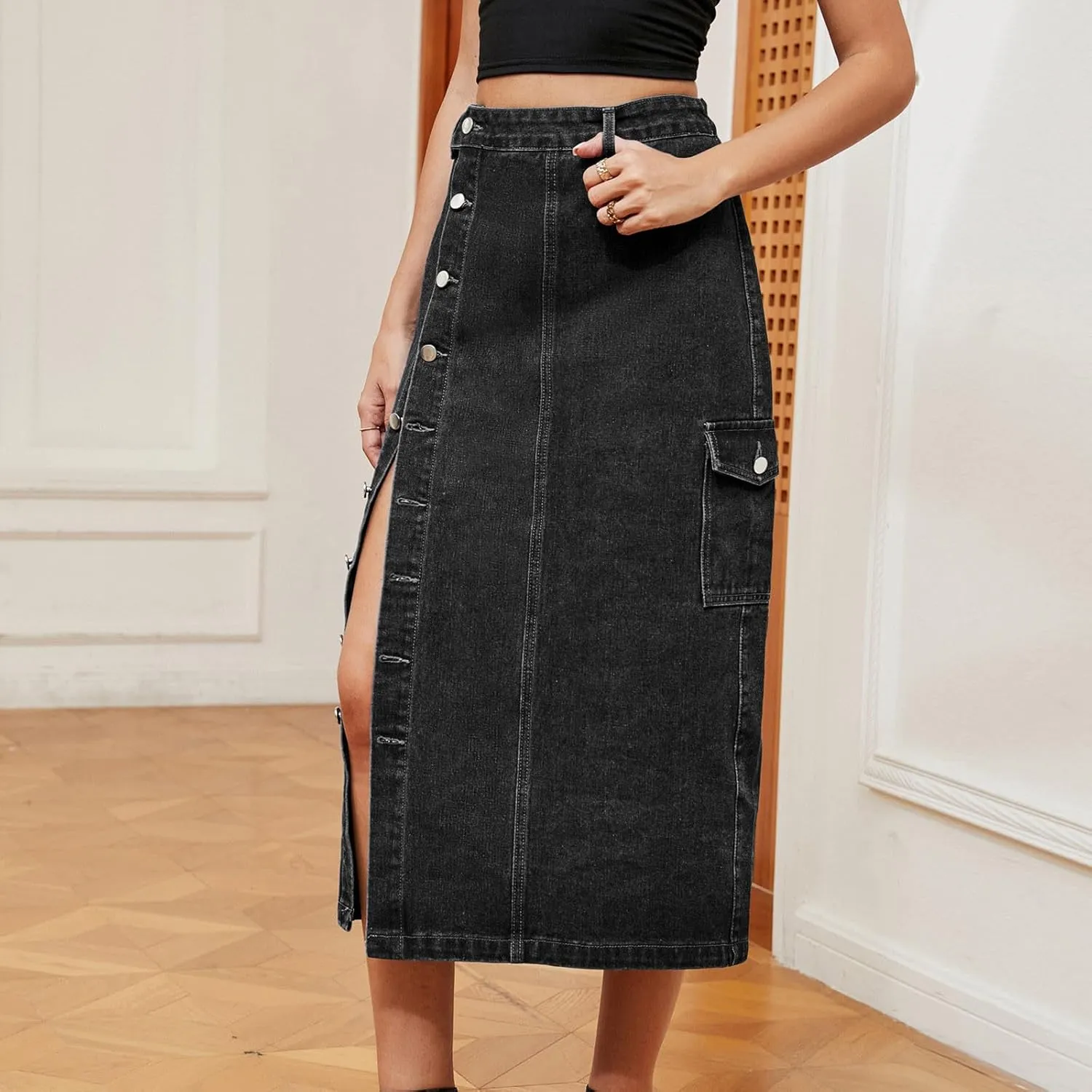 Vintage A-line Midi Skirt High Waisted Button Front Casual Slit Long Skirts for Women Comfy Stretch Denim Skirt