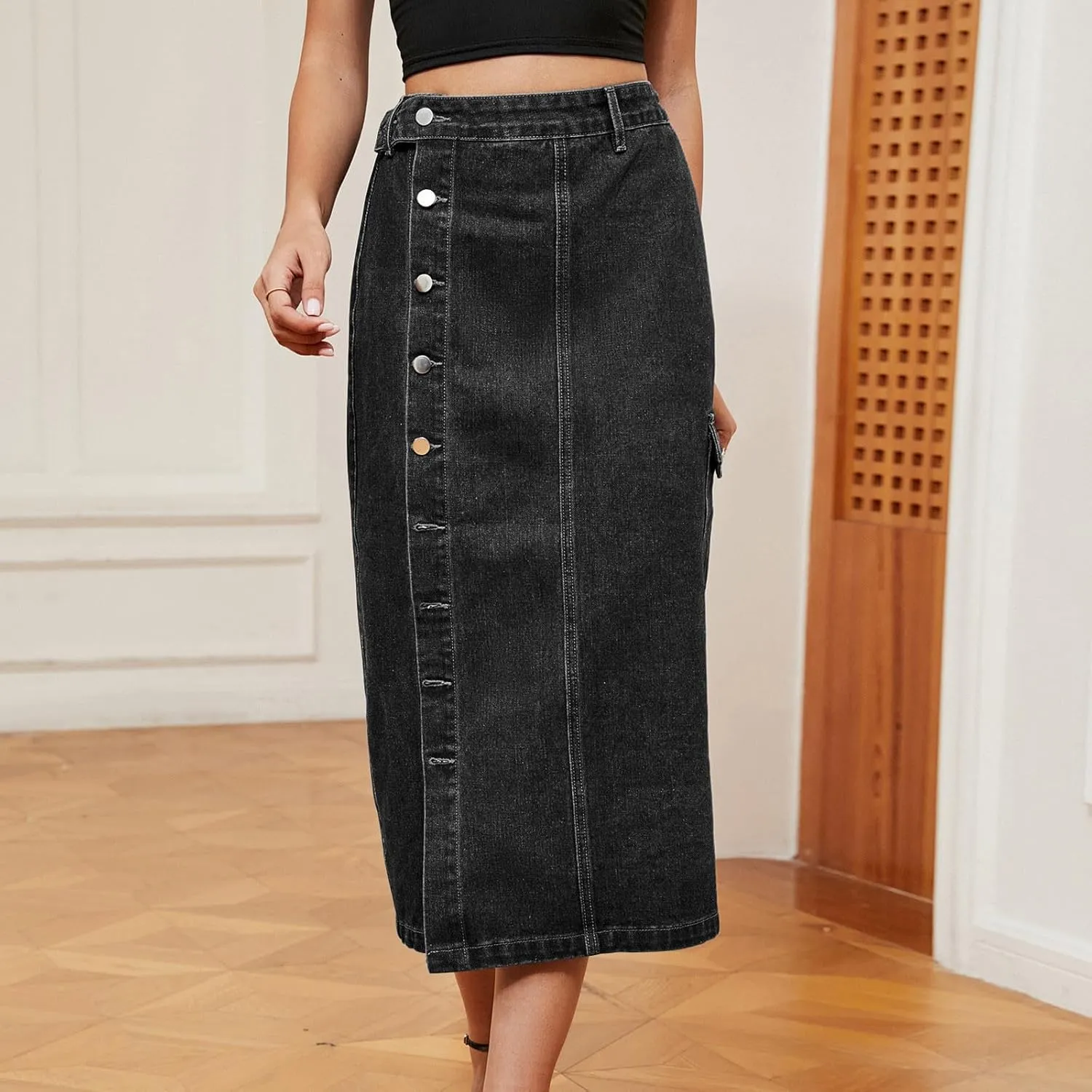 Vintage A-line Midi Skirt High Waisted Button Front Casual Slit Long Skirts for Women Comfy Stretch Denim Skirt