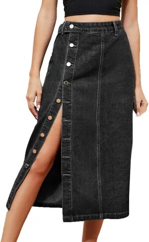 Vintage A-line Midi Skirt High Waisted Button Front Casual Slit Long Skirts for Women Comfy Stretch Denim Skirt