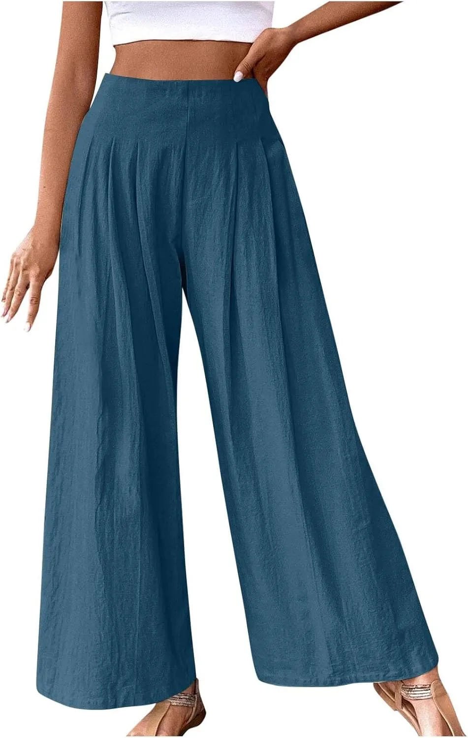 Wide Leg Pants for Women Summer Casual Palazzo Pant Trendy Elastic High Waisted Pants Flowy Loose Boho Pant, Small