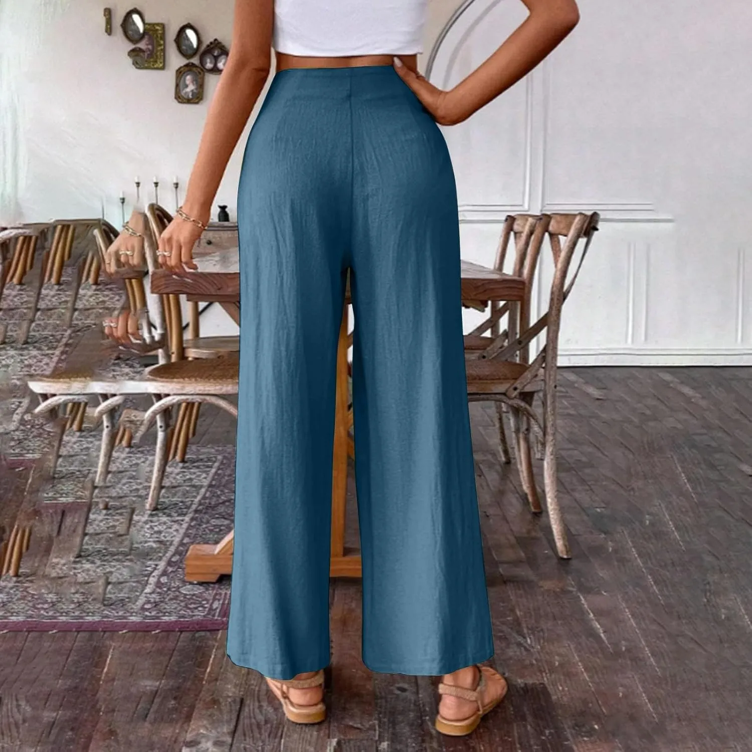 Wide Leg Pants for Women Summer Casual Palazzo Pant Trendy Elastic High Waisted Pants Flowy Loose Boho Pant, Small