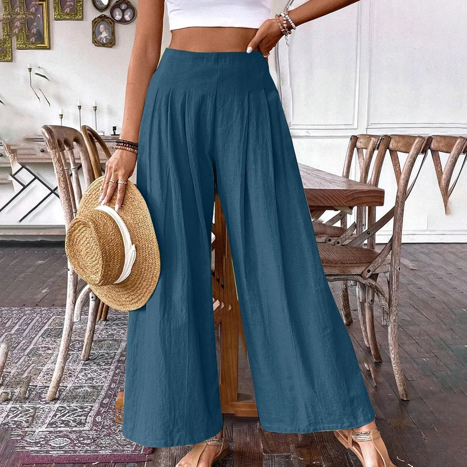 Wide Leg Pants for Women Summer Casual Palazzo Pant Trendy Elastic High Waisted Pants Flowy Loose Boho Pant, Small