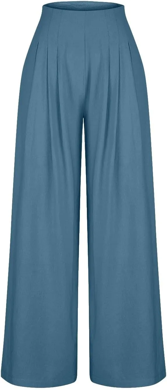 Wide Leg Pants for Women Summer Casual Palazzo Pant Trendy Elastic High Waisted Pants Flowy Loose Boho Pant, Small