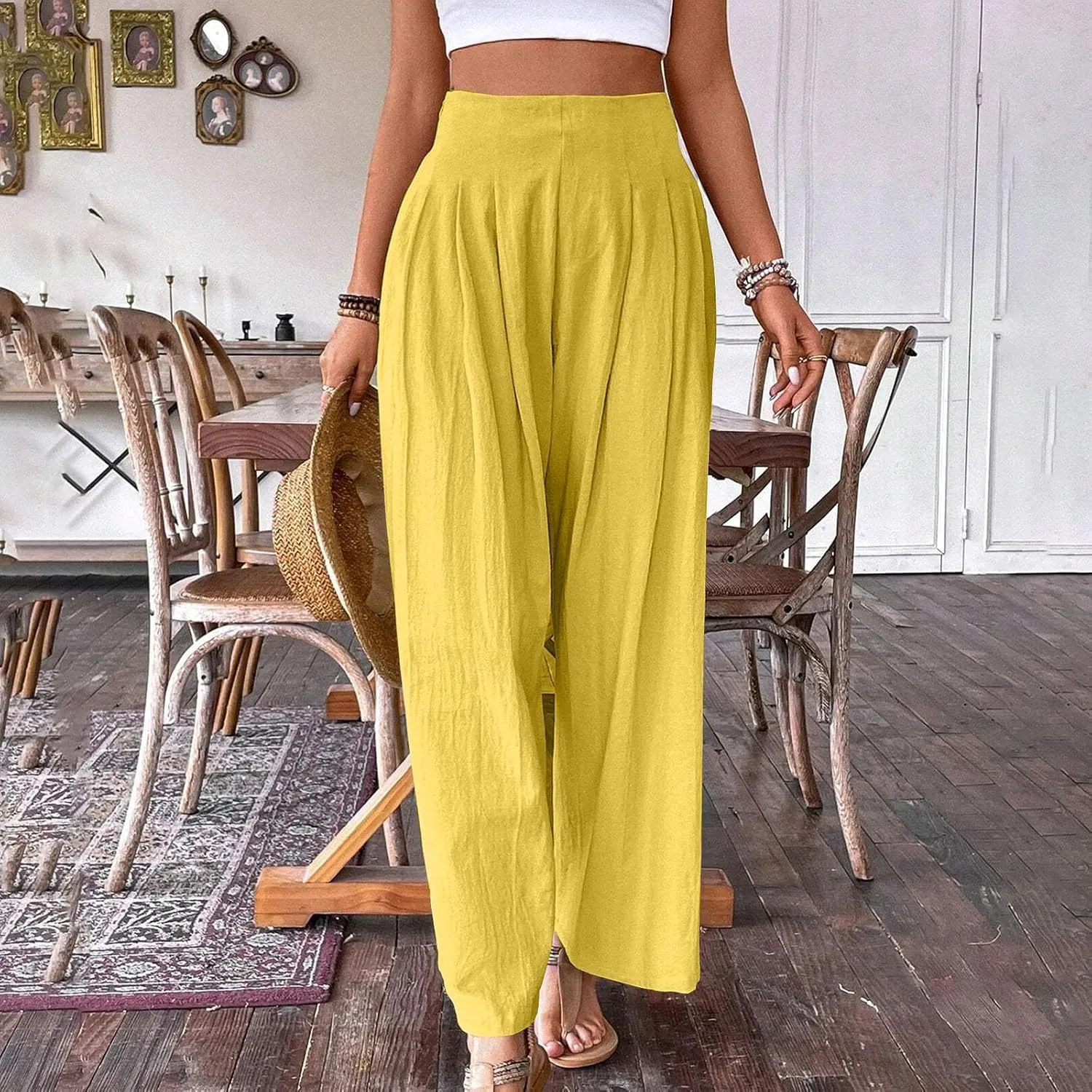 Wide Leg Pants for Women Summer Casual Palazzo Pant Trendy Elastic High Waisted Pants Flowy Loose Boho Pant, Small