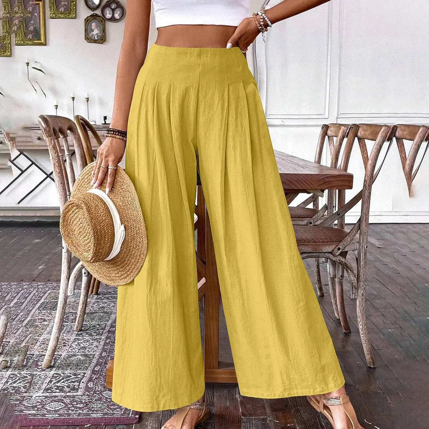Wide Leg Pants for Women Summer Casual Palazzo Pant Trendy Elastic High Waisted Pants Flowy Loose Boho Pant, Small