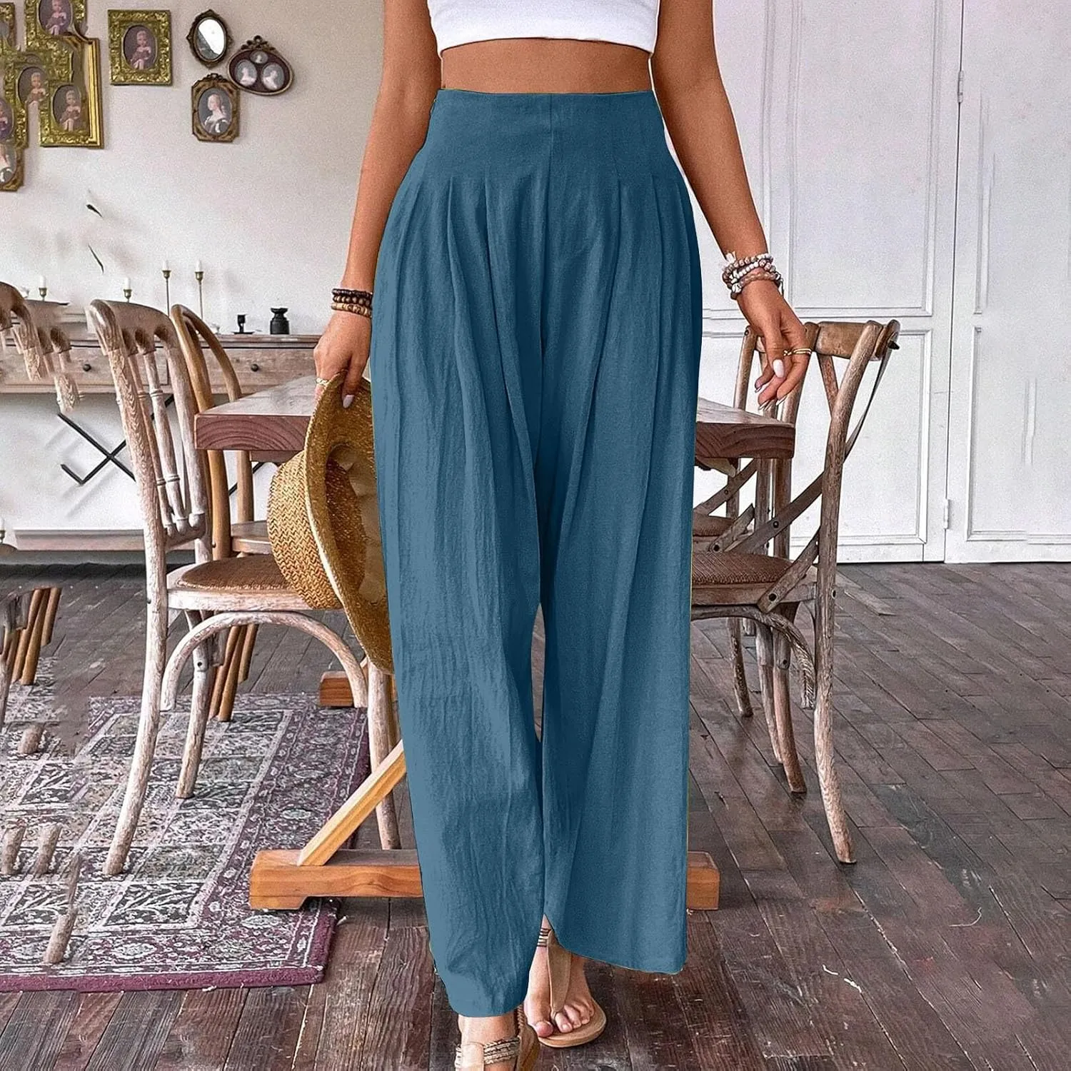 Wide Leg Pants for Women Summer Casual Palazzo Pant Trendy Elastic High Waisted Pants Flowy Loose Boho Pant, Small