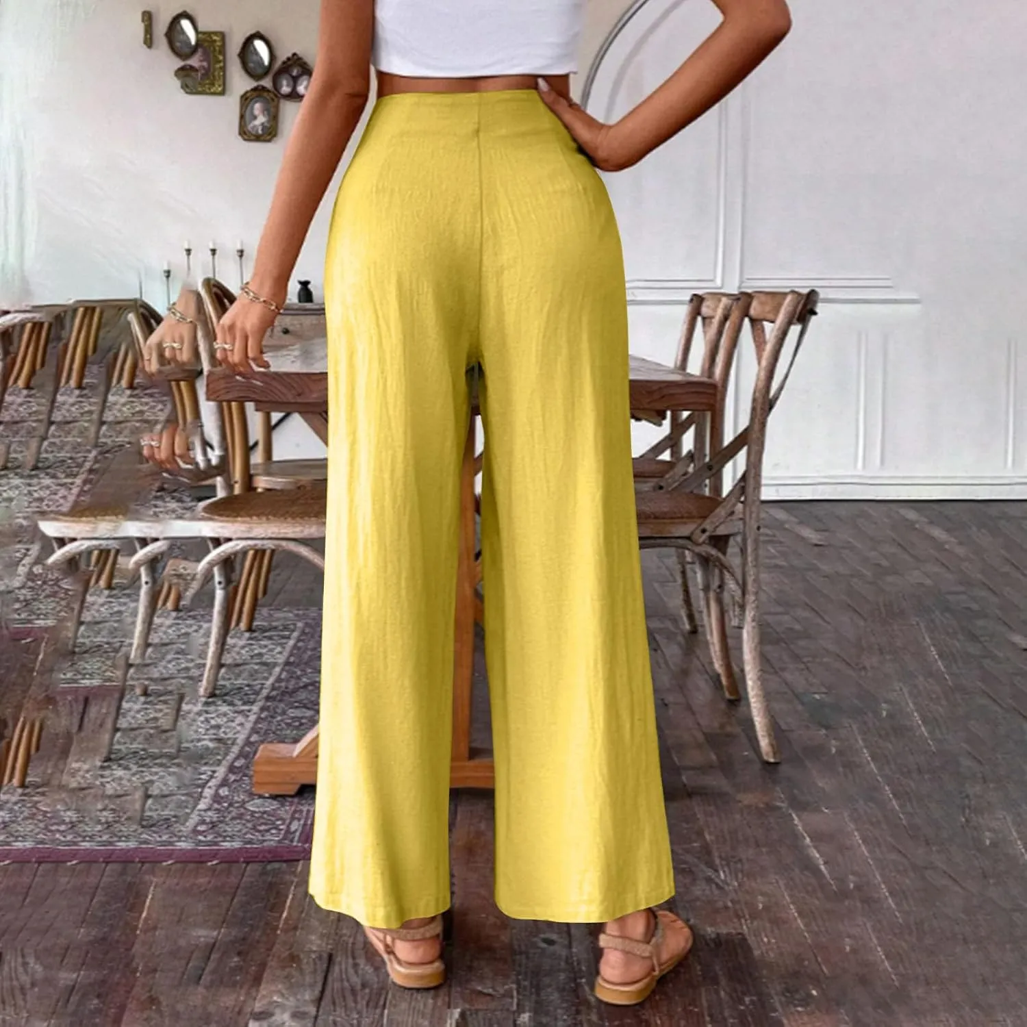 Wide Leg Pants for Women Summer Casual Palazzo Pant Trendy Elastic High Waisted Pants Flowy Loose Boho Pant, Small