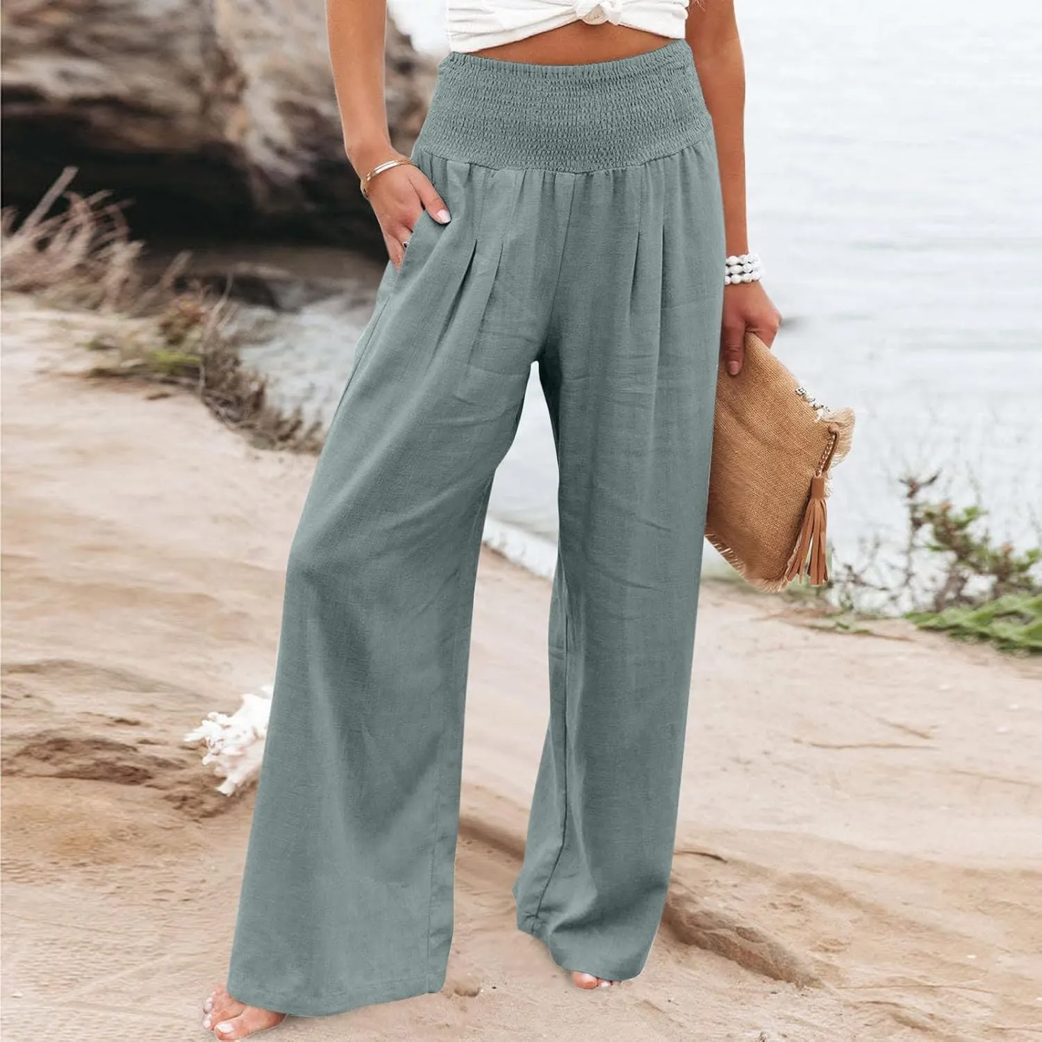 Wide Leg Trousers Women High Waist Straight Cotton Linen Pants Solid Color Elastic Waist Casual Pants Trousers