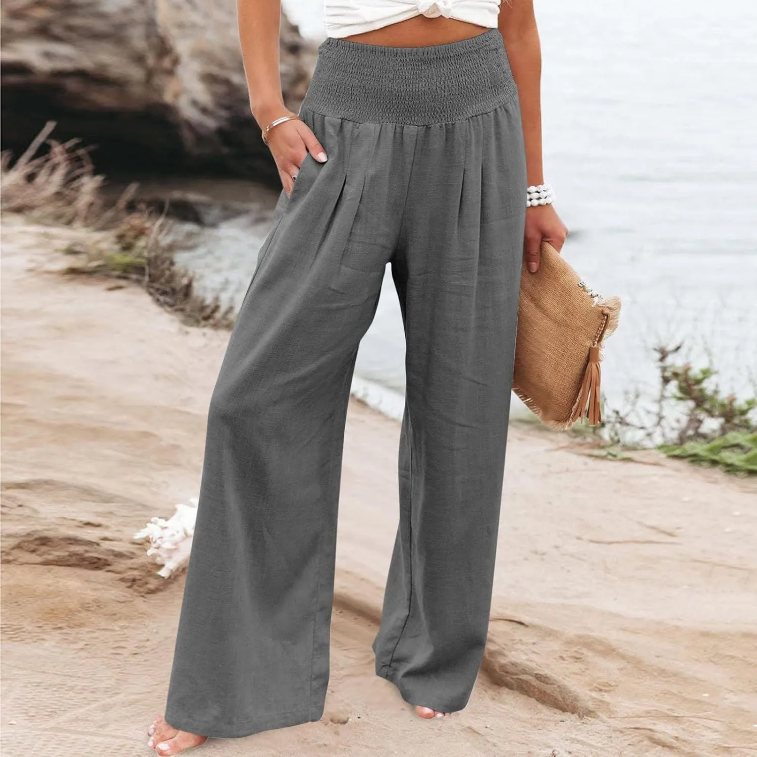 Wide Leg Trousers Women High Waist Straight Cotton Linen Pants Solid Color Elastic Waist Casual Pants Trousers