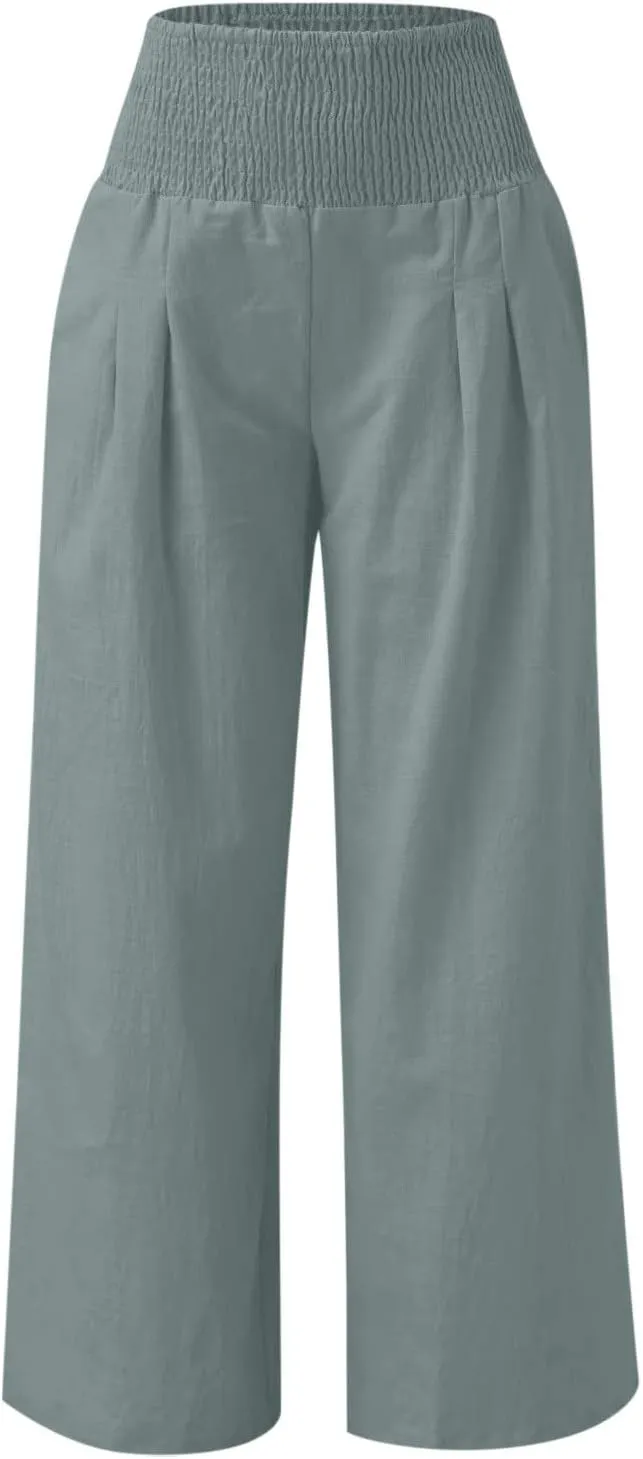 Wide Leg Trousers Women High Waist Straight Cotton Linen Pants Solid Color Elastic Waist Casual Pants Trousers