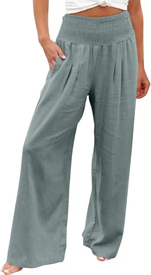 Wide Leg Trousers Women High Waist Straight Cotton Linen Pants Solid Color Elastic Waist Casual Pants Trousers