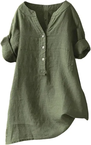 Women Button Down Collar Shirts V Neck Short Sleeve Linen Summer Casual Work Blouse Top Loose T Shirt