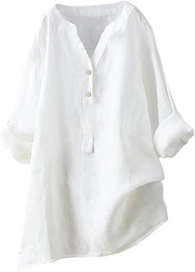 Women Button Down Shirt V-Neck Short Sleeve Linen Summer Casual Henley Blouse Top Loose Fit Tee Tops