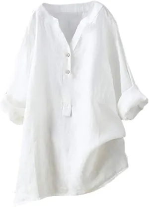 Women Button Down Shirt V-Neck Short Sleeve Linen Summer Casual Henley Blouse Top Loose Fit Tee Tops