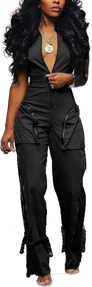 Women Cargo Denim Jumpsuit Short Sleeve V Neck Zip Up Multi Pockets Baggy Wide Leg Jean Rompers One Piece Cargo Pant