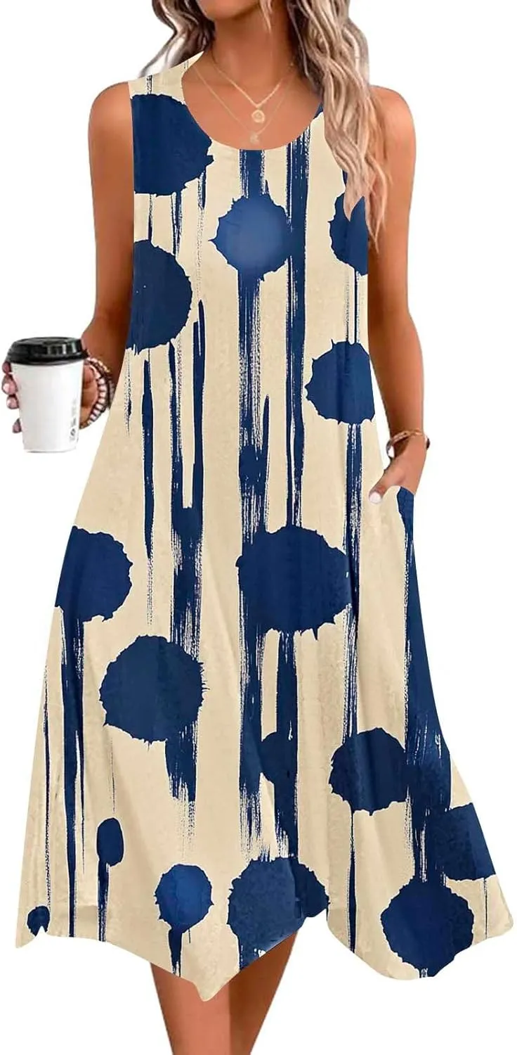 Women Casual Dress Summer Tank Dresses Loose Flowy Beach Dress with Pocket Hankerchief Flare Flowy Midi Sundress 2025