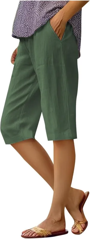 Women Cotton Linen Summer Floral Pants Elastic Waisted Lounge Pants Plus Size Trouser Beach