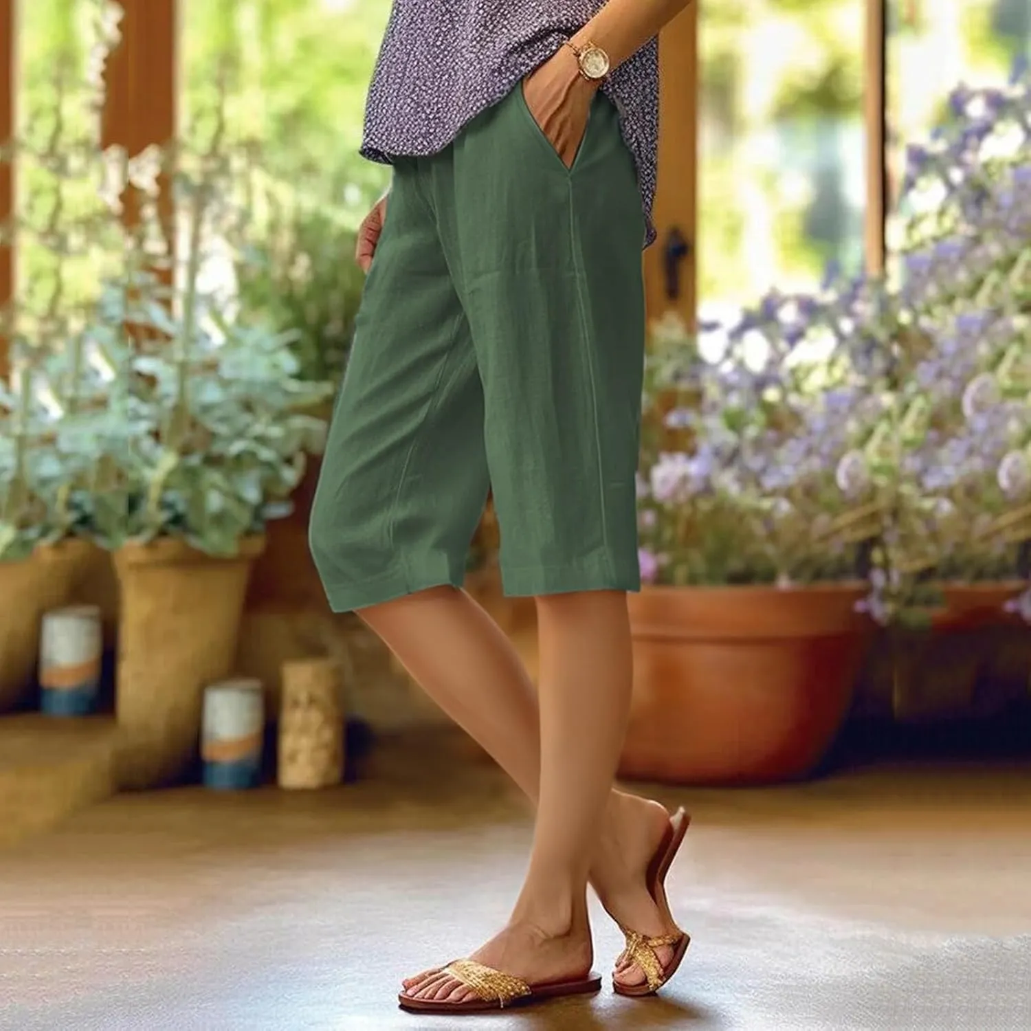 Women Cotton Linen Summer Floral Pants Elastic Waisted Lounge Pants Plus Size Trouser Beach