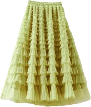 Women Dance Skirt Tiered Ruffle A-Line Maxi Dress Casual Elastic Waist Party Dress Skirt