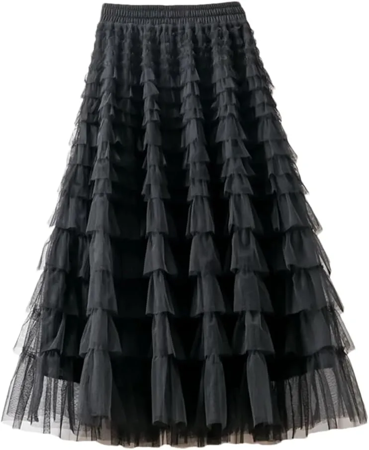 Women Dance Skirt Tiered Ruffle A-Line Maxi Dress Casual Elastic Waist Party Dress Skirt