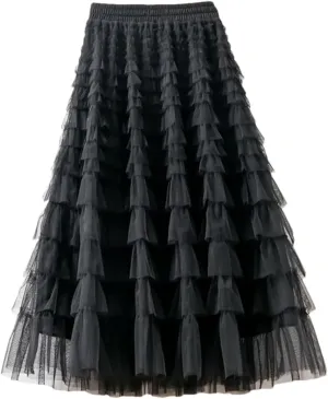 Women Dance Skirt Tiered Ruffle A-Line Maxi Dress Casual Elastic Waist Party Dress Skirt